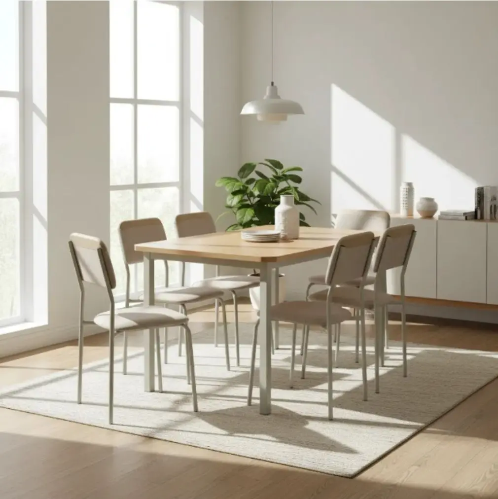 Juego Kappesberg Mesa T-Madera 140x90Cm - 6 Sillas Ibiza Caño-Tela-3.webp