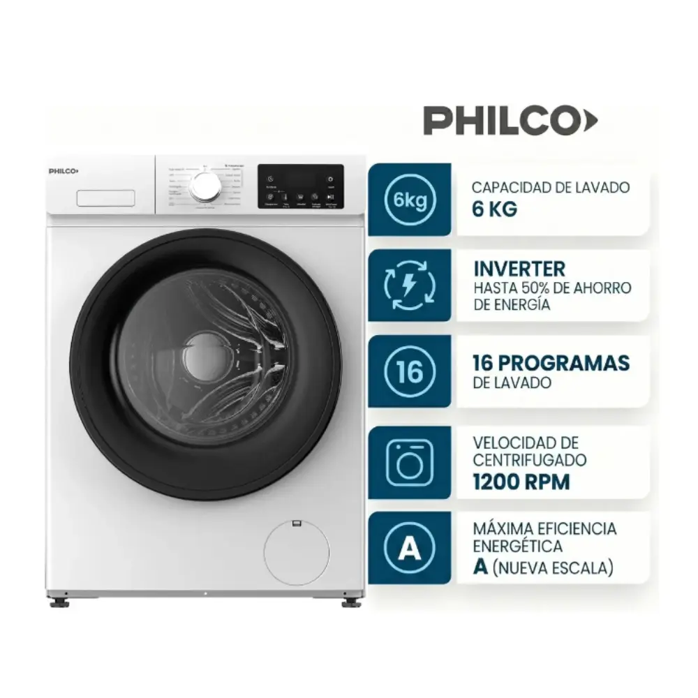 Lavarropa Philco 6 Kg Frontal 1200 RPM-16 Prog. PHLF62BN Inverter Blanco -1.webp