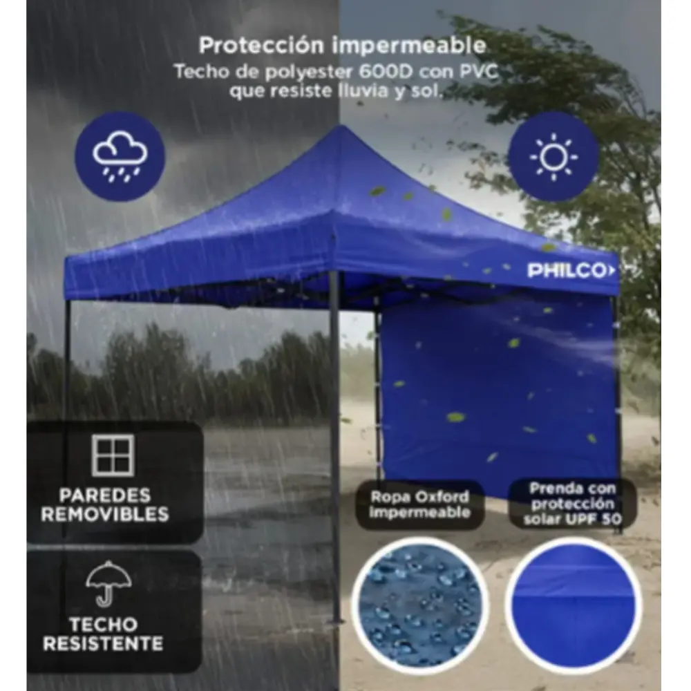 Gazebo Philco GAP3X3BW3P 3 x 3 Mts. Con Pared - Estructura de Acero Azul-2.webp
