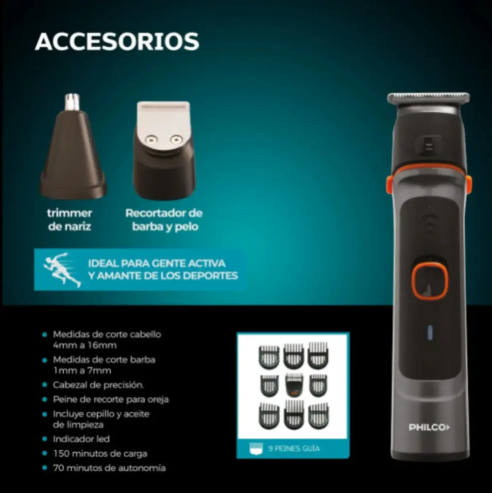 Grooming Kit Corta Pelo-Barba 12 accesorios Philco-8.webp