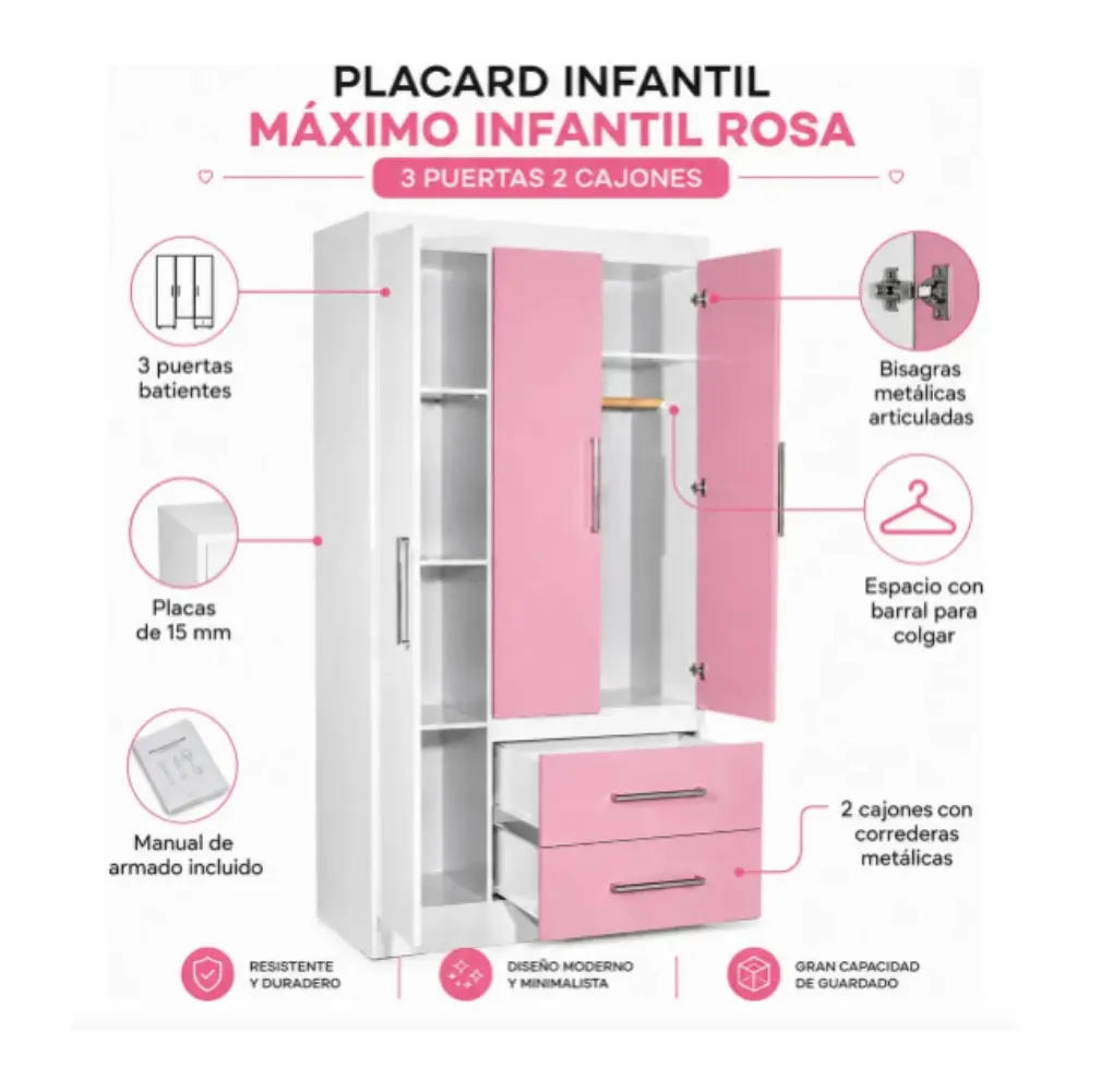 Placar Maximo 3 Puertas - 2 Cajones 68003 Infantil - Rosa-6.webp