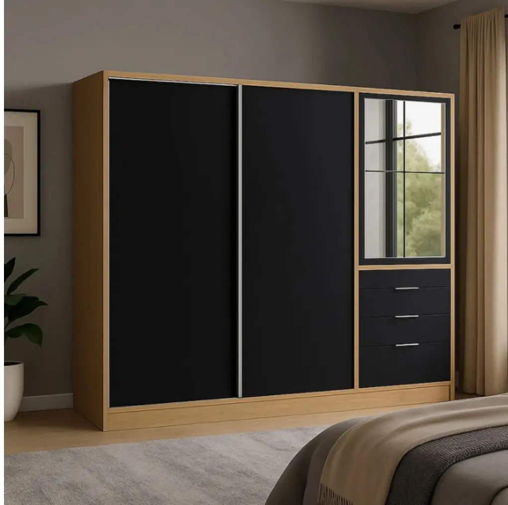 Placar Ricchezze Murano Mix 2.07 Mts. 4 Puerta - 4 Cajones Con Espejo Hickory-Negro-5.webp